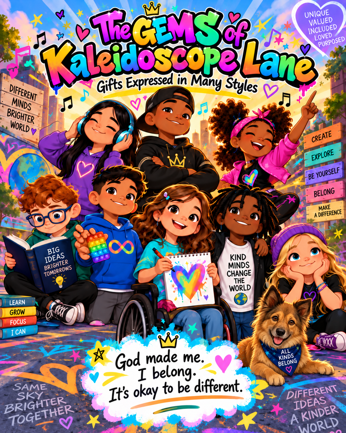 Eight diverse cartoon children, including a child using a wheelchair, and their upright-eared golden-brown dog celebrate The GEMS of Kaleidoscope Lane.