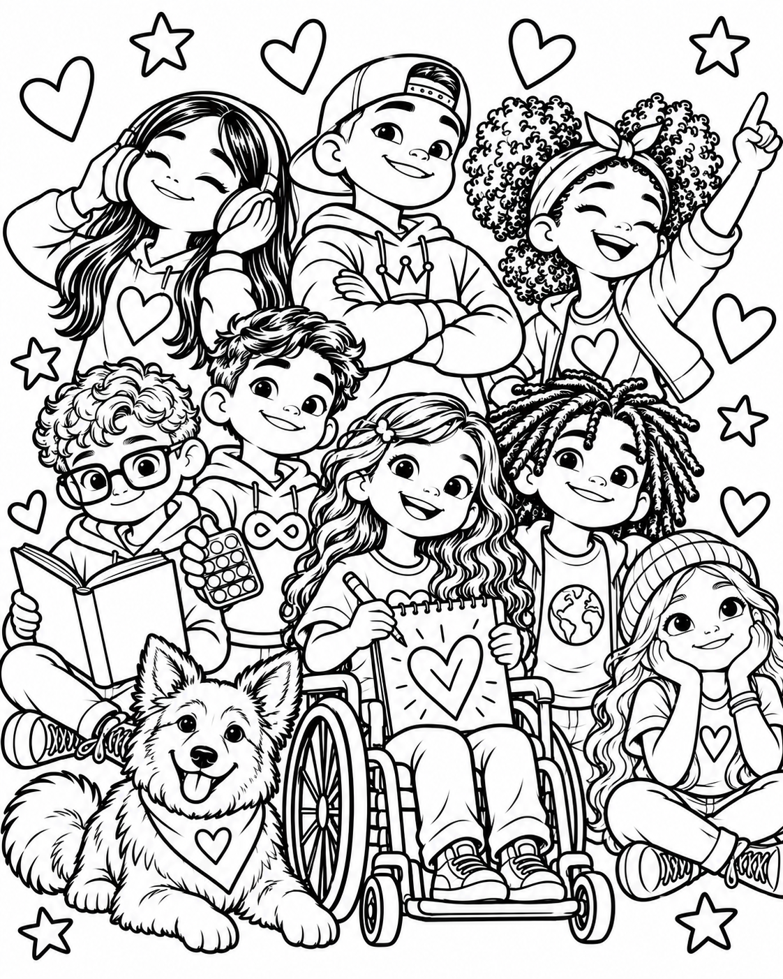 Coloring-page outlines of all eight GEMS children, including a girl using a wheelchair, and their upright-eared dog